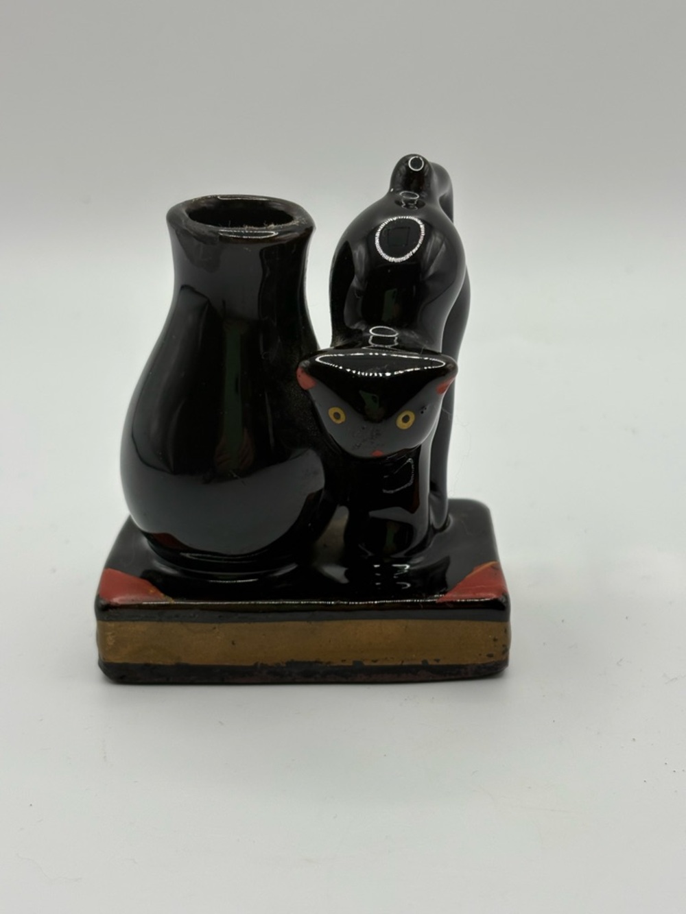 VTG Occupied Japan Redware pottery Black Cat W/ Bud Vase On Book figurine  3.5”